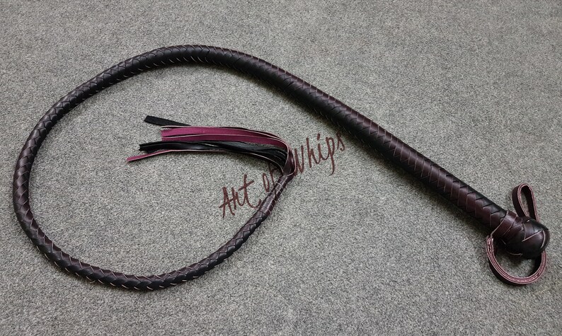 May include: A dark brown leather bullwhip with a braided handle and a burgundy and black tassel. The whip is coiled on a gray surface. The text "Art of Whips" is visible in the image.