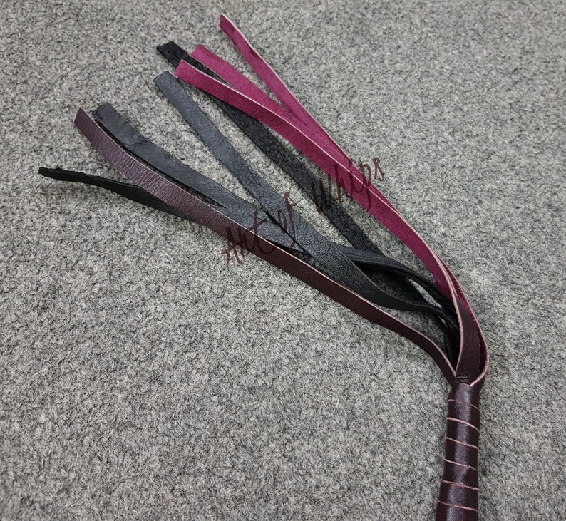 May include: A multi-colored leather whip with a black handle. The whip has black, burgundy, and pink leather strands.