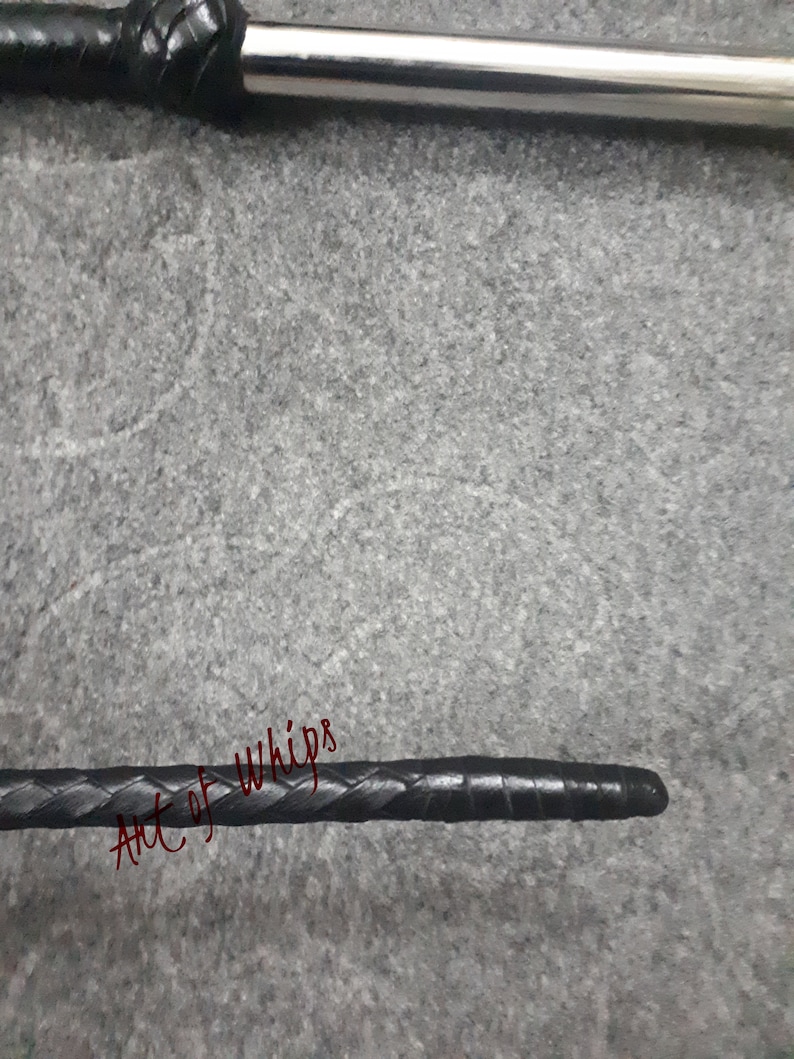 Op de afbeelding: Een zwarte leren zweep met een gevlochten handvat. De zweep ligt op een grijs, getextureerd oppervlak. De tekst "Art of Whips" is in rood op het oppervlak geschreven.