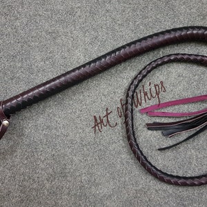 May include: A dark brown leather bullwhip with a braided handle and a long, flowing tail. The tail is made of multiple strands of leather in black and burgundy.