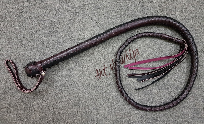 May include: A dark brown leather bullwhip with a braided handle and a long, flowing tail. The tail is made of multiple strands of leather in black and burgundy.