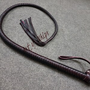 May include: A brown leather bullwhip with a braided handle and a long, thin braided tassel. The whip is coiled in a circle and the tassel is hanging down.