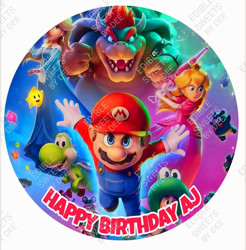 Puede incluir: Imagen comestible redonda con Mario, la Princesa Peach, Bowser y otros personajes de Super Mario. La imagen tiene colores vibrantes e incluye el texto "HAPPY BIRTHDAY AJ" en rojo. El fondo es una mezcla de azul, morado y verde.