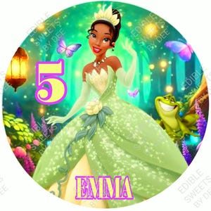 May include: A circular edible image featuring a princess in a green gown, with the number 5 and the name EMMA. The princess is surrounded by butterflies and a frog. The background is a lush green forest scene.