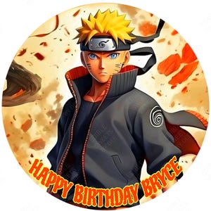 May include: Circular edible image featuring a cartoon character with spiky yellow hair, blue eyes, and a black headband. The character wears a black jacket with red trim. Text reads "HAPPY BIRTHDAY BRYCE" in a yellow and red font.