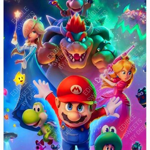 Puede incluir: Una imagen vibrante, ilustrada digitalmente, con personajes de la franquicia de videojuegos Super Mario. Mario, con su gorra roja y su mono azul caracter&iacute;sticos, es la figura central. La imagen incluye el texto "HAPPY BIRTHDAY KEVIN".
