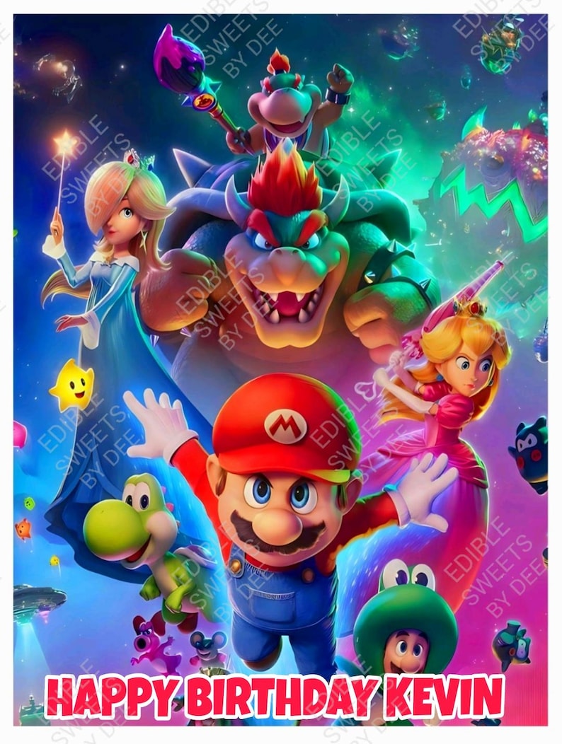 Puede incluir: Una imagen vibrante, ilustrada digitalmente, con personajes de la franquicia de videojuegos Super Mario. Mario, con su gorra roja y su mono azul caracter&iacute;sticos, es la figura central. La imagen incluye el texto "HAPPY BIRTHDAY KEVIN".