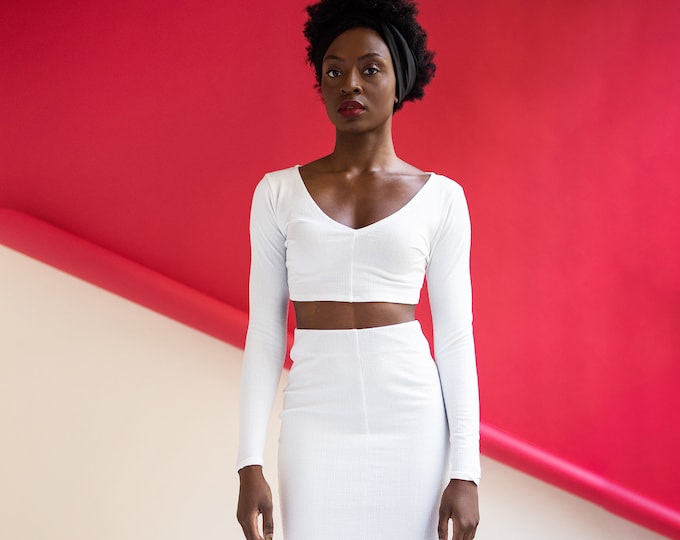 Cream Ribbed Soft Cotton Pencil Skirt & Long Sleeve Fitted Crop Top Set