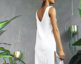 White Cotton Tank Dress - High Side Slits - Handmade