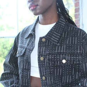 Black Printed Cotton Denim Jacket – African Print Unisex Jacket with Inside & Outside Pockets