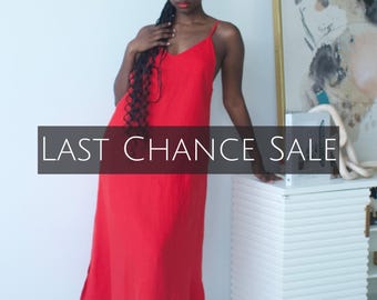 Red Linen Spaghetti Strap Dress - Light Weight Dress With Pockets - Low Back