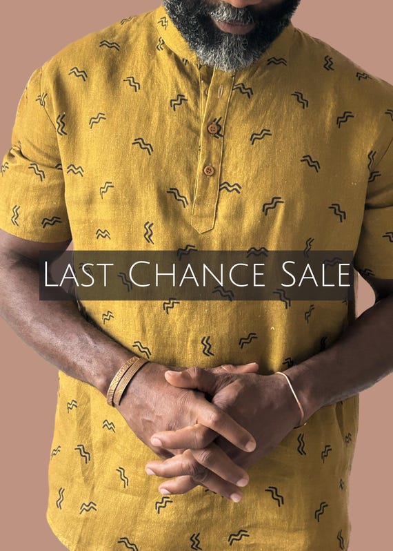 Men's Linen Shirt: Copper with Black Print, 4-Button Closure