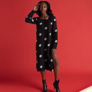 Elegant Black Linen Dress with Gold Button Sleeves, Low V Back & High Side Slits