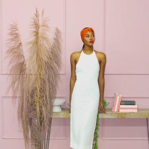 Ivory Halter Backless Linen Dress with Tie Waist & Zip Closure - Bow Back - Summer Dress