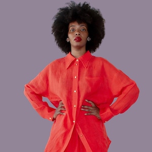 Red Orange Linen Shirt for Women — Button Down Long Sleeve Top — Soft Breathable Lightweight Summer Shirt
