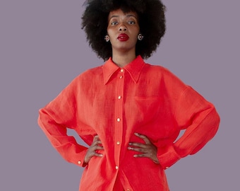 Red Orange Linen Shirt for Women — Button Down Long Sleeve Top — Soft Breathable Lightweight Summer Shirt