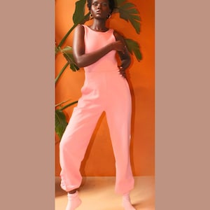 Sorbet Pink Oversized Cotton Tank Jogger Jumpsuit – Soft French Terry, Gathered Ankles