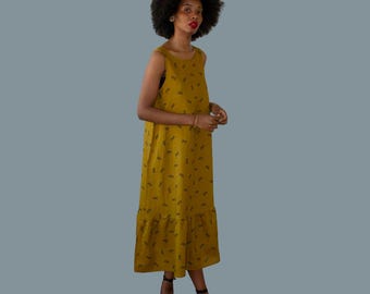 Copper Printed Linen Dress with Pockets – Adjustable Length, 100% Linen, Flowy Fit, African Print, Women’s Summer Dress