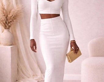 Cream Ribbed Soft Cotton Pencil Skirt & Long Sleeve Fitted Crop Top Set
