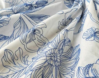 Embroidered Floral Cotton Curtain: White and Blue Flower Rod Pocket (Single Panel)