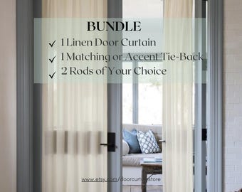Custom Linen Door Curtain Bundle: Tie Back & Rods
