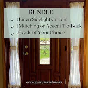 May include: A bundle of sidelight curtains, tie-backs, and rods is displayed on a wooden door. The image shows a white linen sidelight curtain with a matching tie-back. The text on the image reads "BUNDLE" and lists the items included.