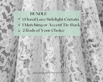 Bundle! Floral Lace Sidelight Curtain + 1 Tie Back + 2 Rods, Custom-Made Any Size (Single Panel)