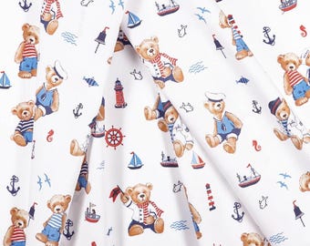 Teddy Bear Sailor Nursery Curtain: Custom 100% Cotton Rod Pocket Panel