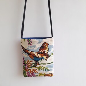 Sac Bandoulière en Canevas – Style Bohème – Pièce Unique – Motif Oiseaux – Upcyclé