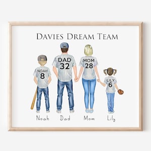 Cadeau de famille baseball personnalisé, équipe de rêve des papas, cadeau fête des pères, portrait de famille baseball, famille softball, cadeau pour papa