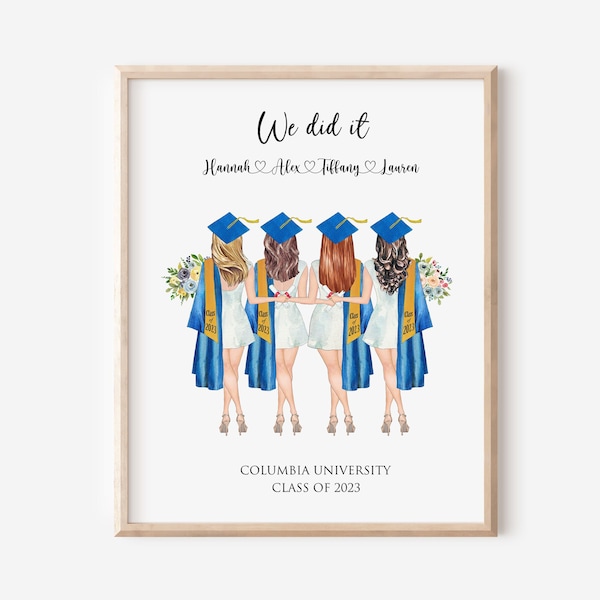 Personalized Friends Graduation Gift, 4 Friends Graduation Portrait Print, Gift for Besties, University Graduation, Graduation Print