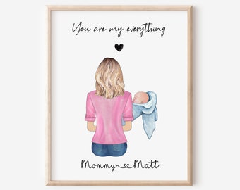 Personalized Mother and Infant Portrait Print, Mom and Son Print, Custom Mom Baby Portrait, Mothers Day Gift, New Mom Gift, Family Portrait