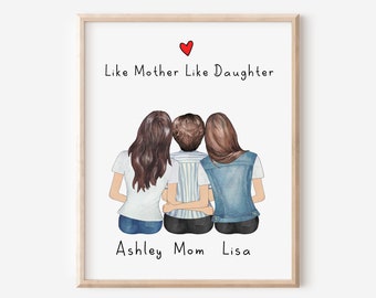 Custom Mother Daughter Portrait Print, Family Wall Art, Custom Family Portrait, Mothers Day Gift, Mother Birthday Gift, Mom Daughter Print