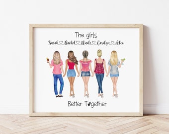 Custom Best Friends Portrait Print, Best Friend Gift, Bestie Portrait, Gift For Best Friend, Group Friend Illustration, Friend Print, Sister