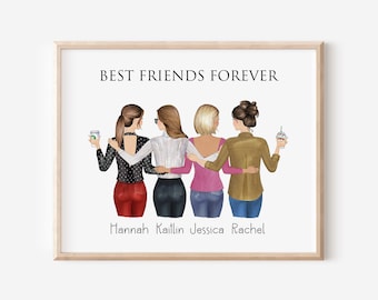 Custom Best Friends Portrait, Gift for 4 Friends, Four Friends Portrait Print, Gift for Sisters, Soul Sister Portrait, Friends Wall Art