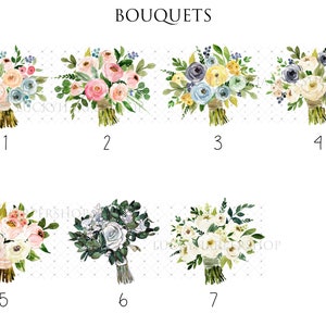 May include: Seven different watercolor floral bouquets, numbered 1 through 7. Each bouquet features a variety of flowers in shades of pink, white, blue, yellow, and green.