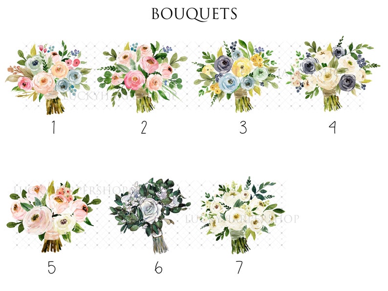 May include: Seven different watercolor floral bouquets, numbered 1 through 7. Each bouquet features a variety of flowers in shades of pink, white, blue, yellow, and green.