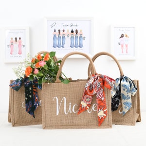 Personalisierte Brautjungfer Tragetaschen, benutzerdefinierte Name Jute Strand Einkaufstasche, Strandtasche, Sackleinen-Einkaufstasche, Brautjungfer Geschenk, Hochzeitsgeschenk, Brautparty Geschenke