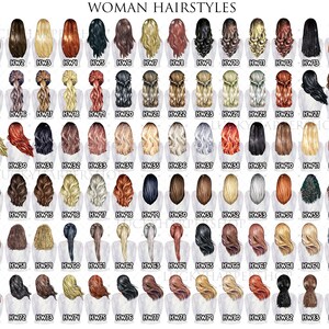 Pode incluir: Um gr&aacute;fico de 84 penteados diferentes para mulheres, com cada penteado etiquetado com um n&uacute;mero. Os penteados s&atilde;o todos desenhados em estilo de desenho animado e s&atilde;o mostrados de costas.