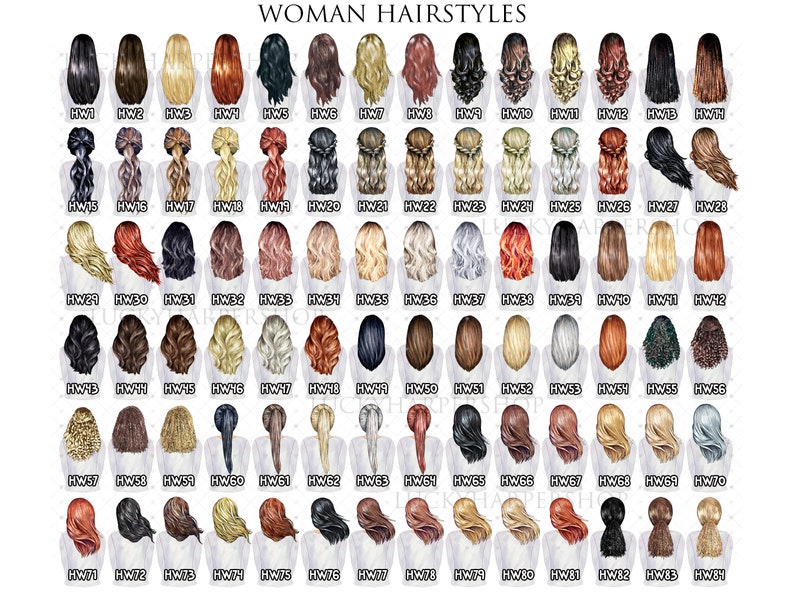 Pode incluir: Um gr&aacute;fico de 84 penteados diferentes para mulheres, com cada penteado etiquetado com um n&uacute;mero. Os penteados s&atilde;o todos desenhados em estilo de desenho animado e s&atilde;o mostrados de costas.