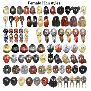 May include: A chart displaying 80 different female hairstyles, each numbered. The hairstyles vary in color, length, and style, including braids, ponytails, and various lengths of loose hair. The text "Female Hairstyles" is at the top.