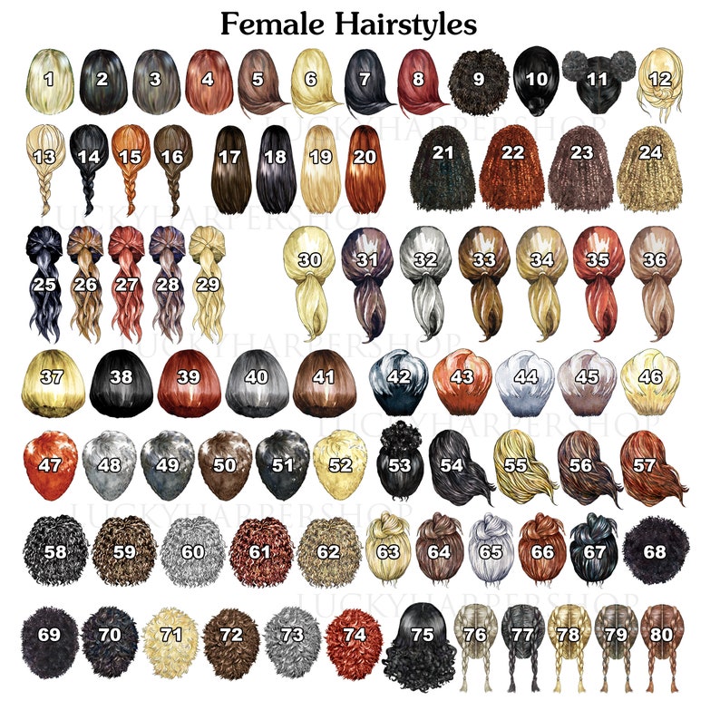 May include: A chart displaying 80 different female hairstyles, each numbered. The hairstyles vary in color, length, and style, including braids, ponytails, and various lengths of loose hair. The text "Female Hairstyles" is at the top.