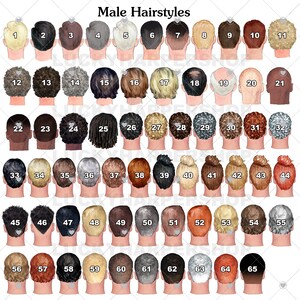 Puede incluir: Ilustraci&oacute;n de 65 peinados masculinos diferentes, cada uno numerado y presentado desde atr&aacute;s. Los estilos var&iacute;an de cortos a largos, con diversos colores y texturas, incluyendo zonas calvas y recogidos. El t&iacute;tulo "Male Hairstyles" est&aacute; en la parte superior.