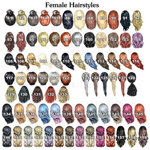 May include: A collection of 79 illustrations of female hairstyles, numbered from 81 to 159. The hairstyles vary in color, length, and style, including buns, braids, and flowing locks. The text "Female Hairstyles" is at the top.