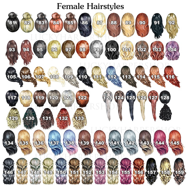 May include: A collection of 79 illustrations of female hairstyles, numbered from 81 to 159. The hairstyles vary in color, length, and style, including buns, braids, and flowing locks. The text "Female Hairstyles" is at the top.