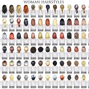 Pode incluir: Um gr&aacute;fico com 64 penteados diferentes para mulheres, cada um com um estilo e cor &uacute;nicos. Os penteados s&atilde;o numerados e etiquetados com o c&oacute;digo "HW" seguido de um n&uacute;mero.
