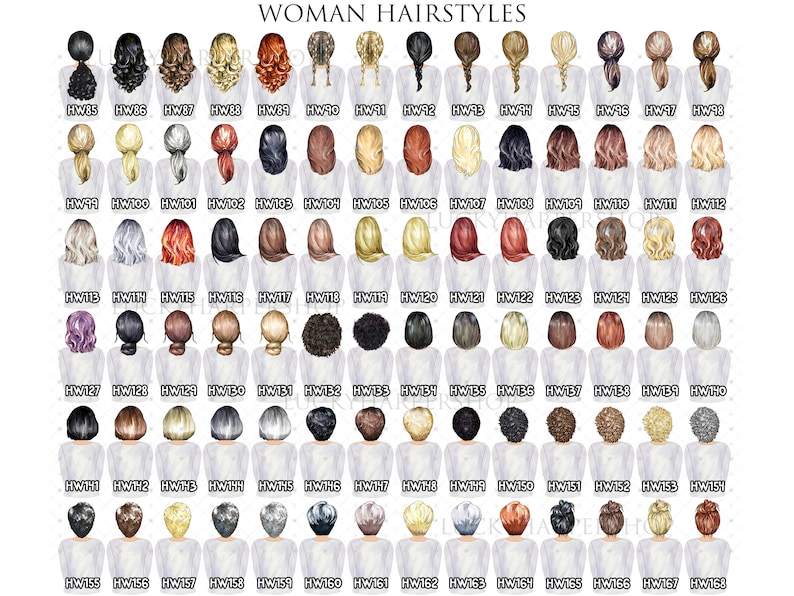 Pode incluir: Um gr&aacute;fico com 64 penteados diferentes para mulheres, cada um com um estilo e cor &uacute;nicos. Os penteados s&atilde;o numerados e etiquetados com o c&oacute;digo "HW" seguido de um n&uacute;mero.