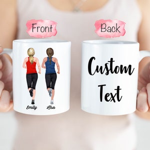 May include: Two white coffee mugs with handles. The front mug features an illustration of two women running, with the names "Emily" and "Lisa" printed below. The back mug has the text "Custom Text" printed on it.