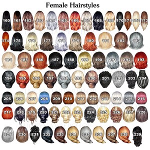 May include: A chart of 239 different female hairstyles, numbered from 160 to 239. The hairstyles are illustrated in watercolor and are shown from the back.