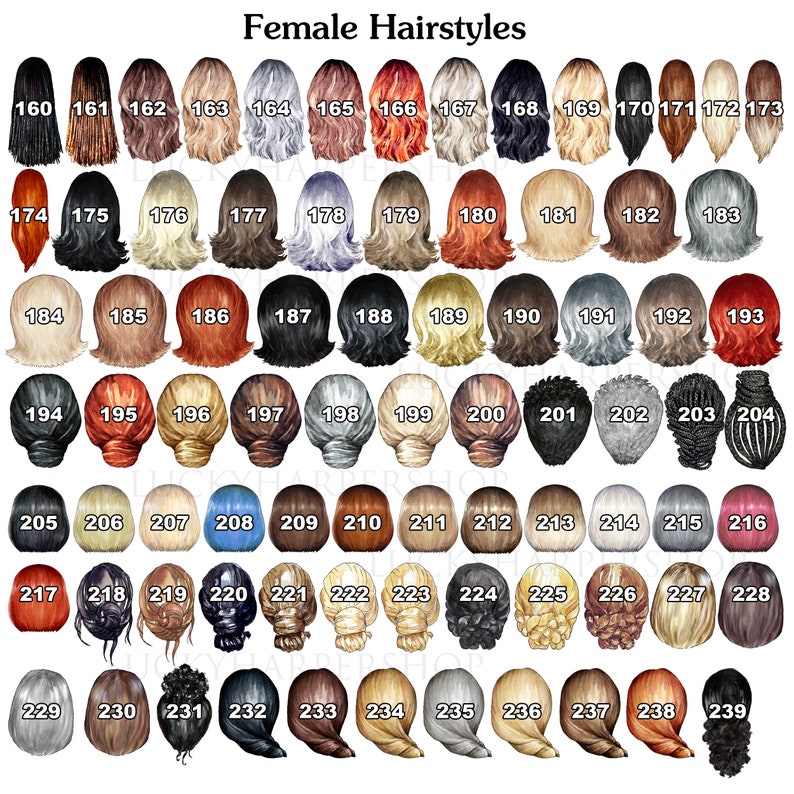 May include: A chart of 239 different female hairstyles, numbered from 160 to 239. The hairstyles are illustrated in watercolor and are shown from the back.